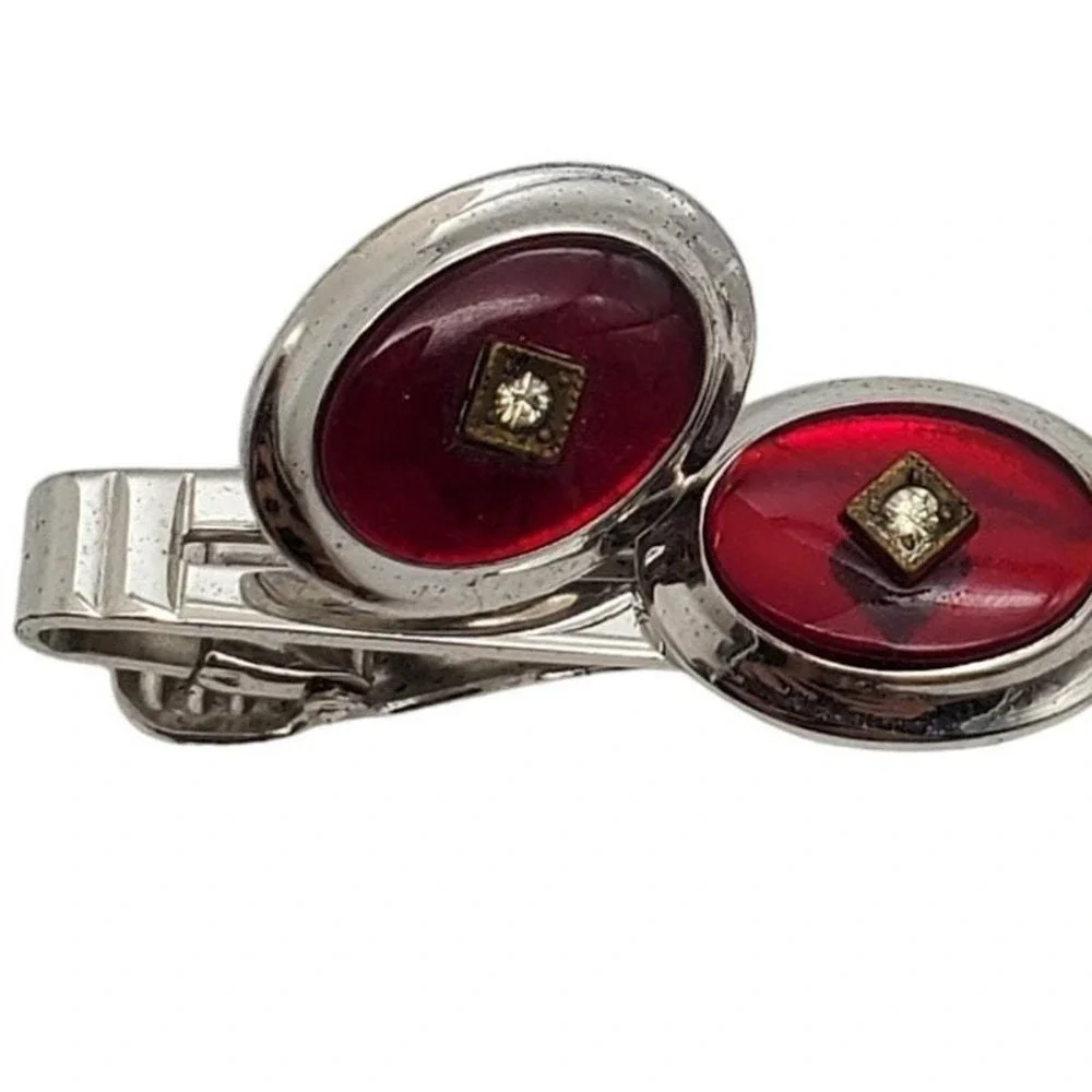 Anson Silver Tone Red Enamel & Rhinestone Oval Cufflink & Tie Bar Suit Accessory